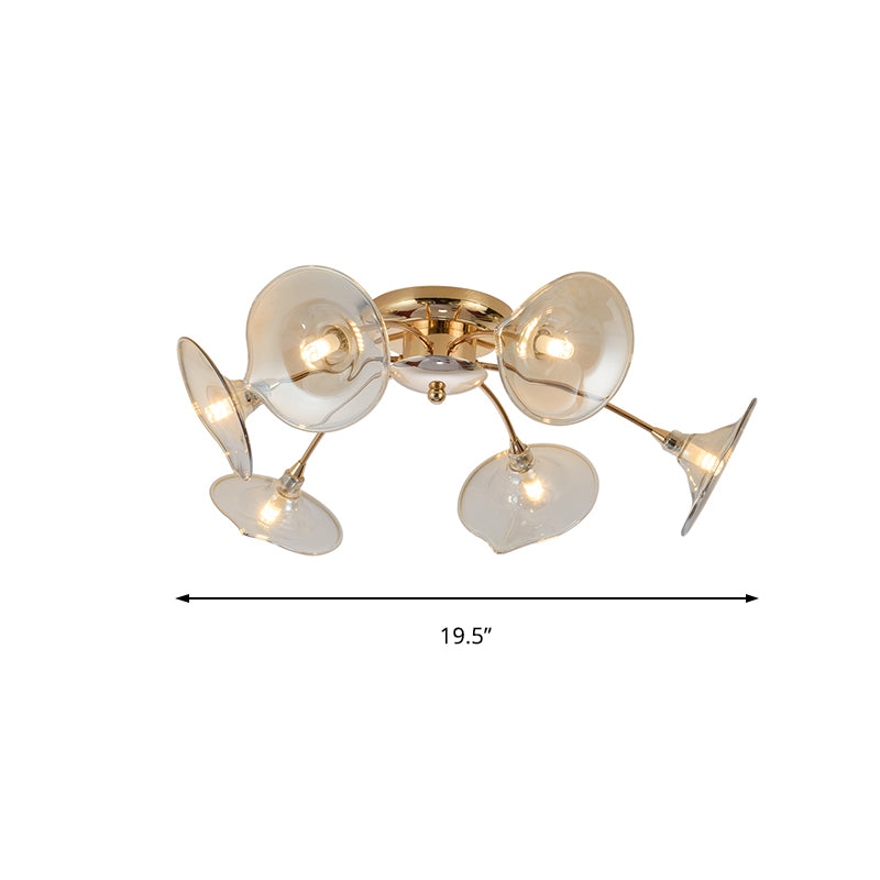 6 luces Lámpara de montaje de semi rascillo con tono de vidrio de trompeta lámpara de techo de oro nórdico