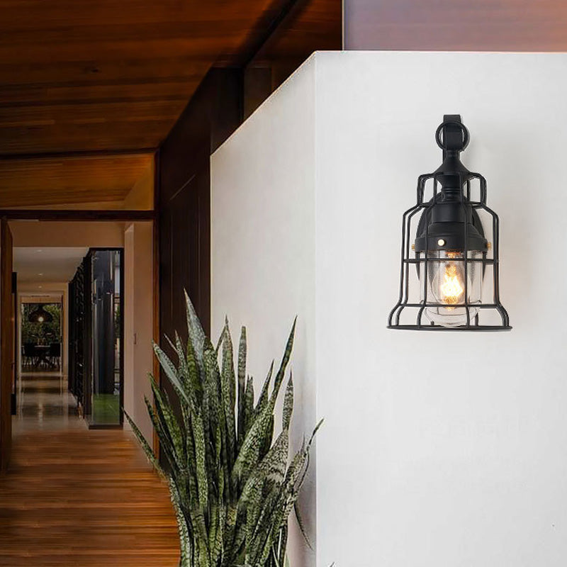 1 Light Bell Shade Sconce Light Industrial Black Seedy Glass Wall Lamp for Corridor with Metal Cage Frame