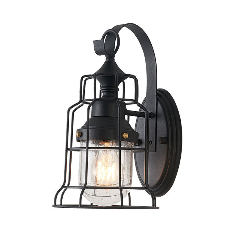 1 Light Bell Shade Sconce Light Industrial Black Seedy Glass Wall Lamp for Corridor with Metal Cage Frame