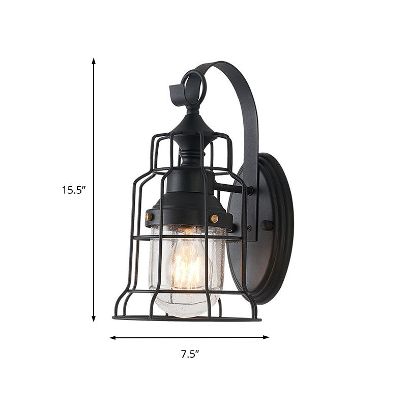 1 Light Bell Shade Sconce Light Industrial Black Seedy Glass Wall Lamp for Corridor with Metal Cage Frame