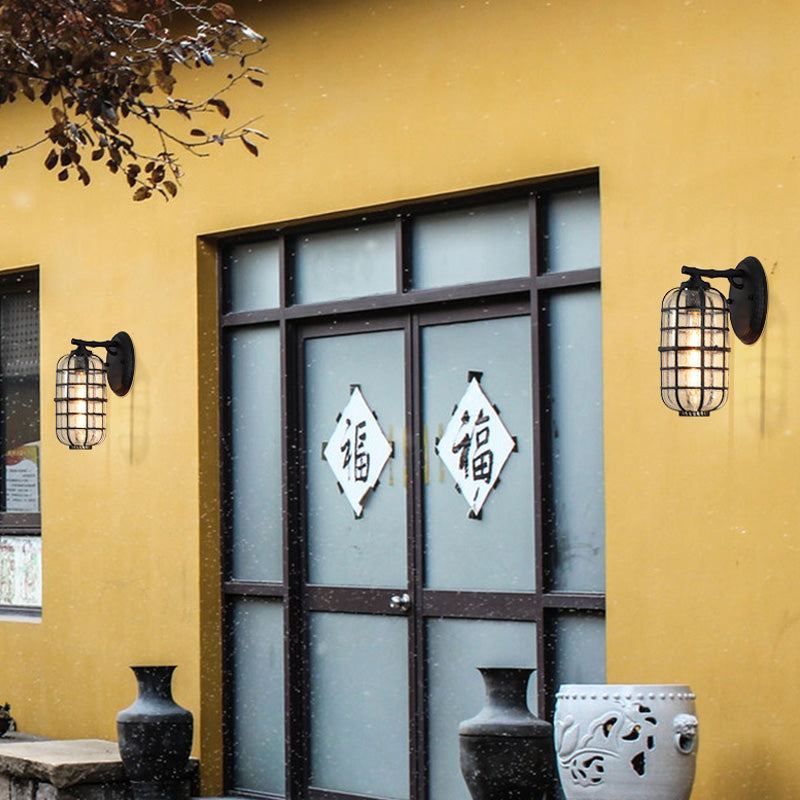 Caged Seedy Glass Wall Mounted Lamp Industrial Single Bulb Outdoor Sconce Light in Black/Bronze, 5.5"/6"/8" Wide