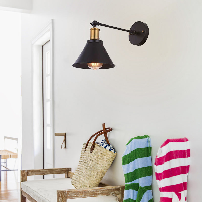 Black 1 Light Mur Mall Éclairage d'éclairage de cône en métal industriel pour chambre à coucher