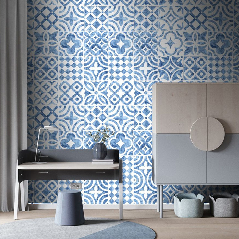 Bohemian Flower Peel Wallpaper Panels Blue Tile Look Wall Art for Living Room (20 Pcs)