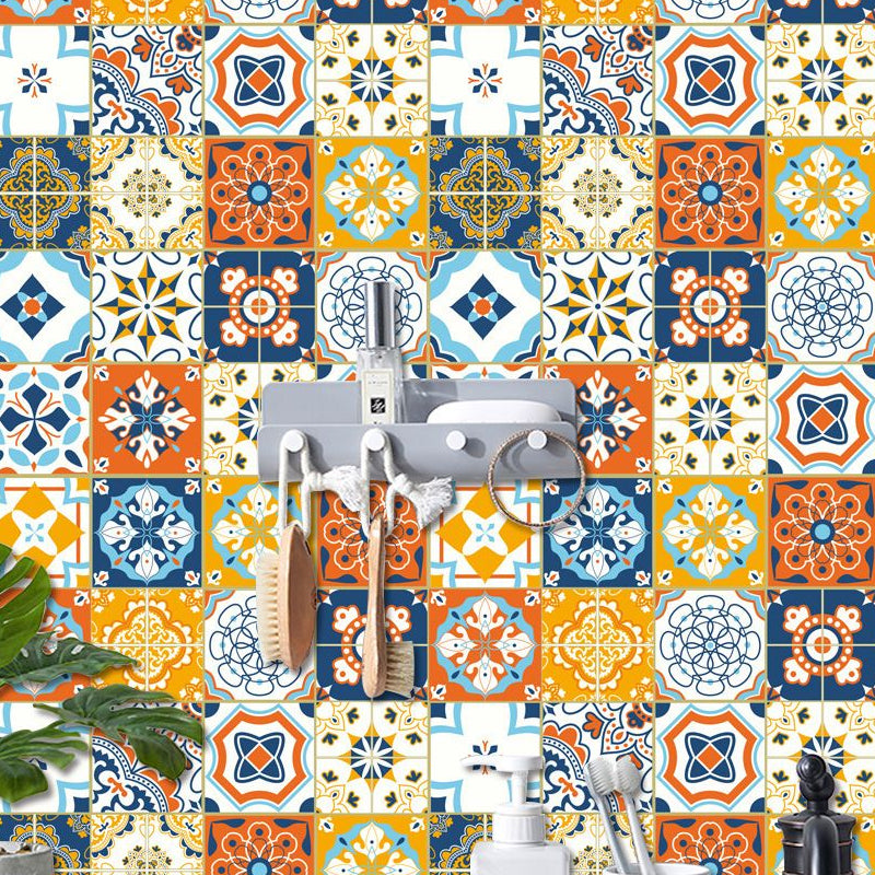 Boho Faux Tile Wallpaper Panel Set Orange-Blue Peel and Stick Wall Art for Bathroom