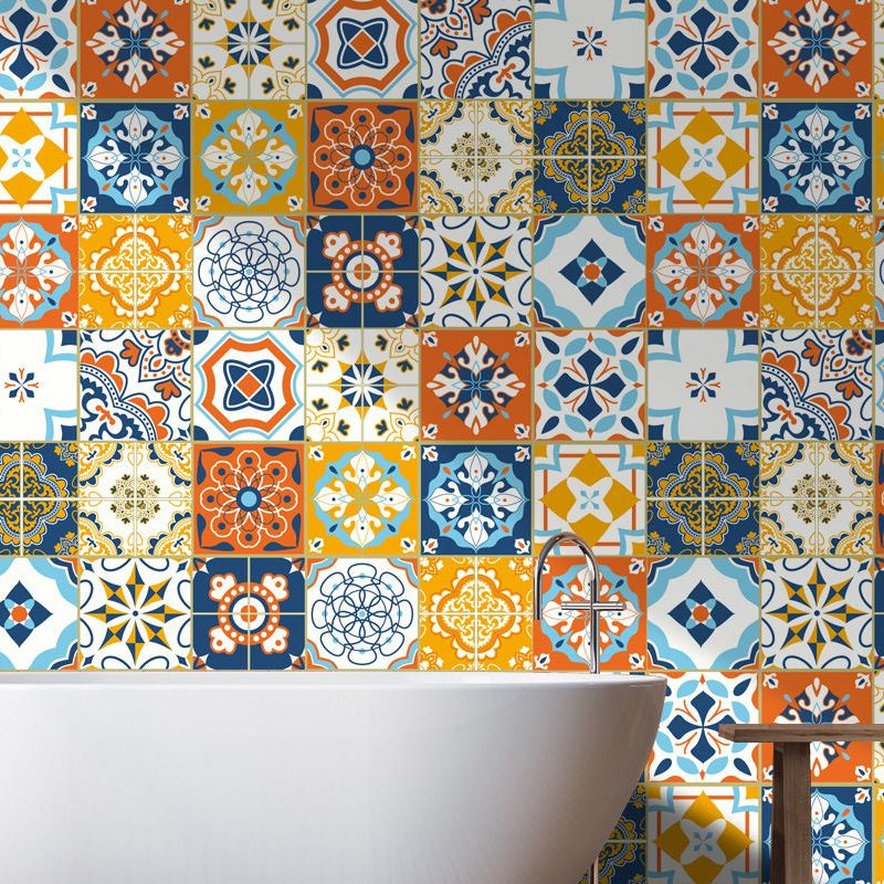 Boho Faux Tile Wallpaper Panel Set Orange-Blue Peel and Stick Wall Art for Bathroom