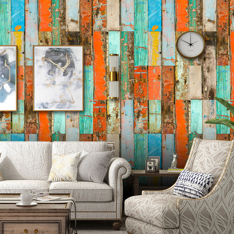 Reclaimed Painted Wood Wallpaper Panels Orange-Blue Rural Wall Covering for Home, Pick Up Sticks