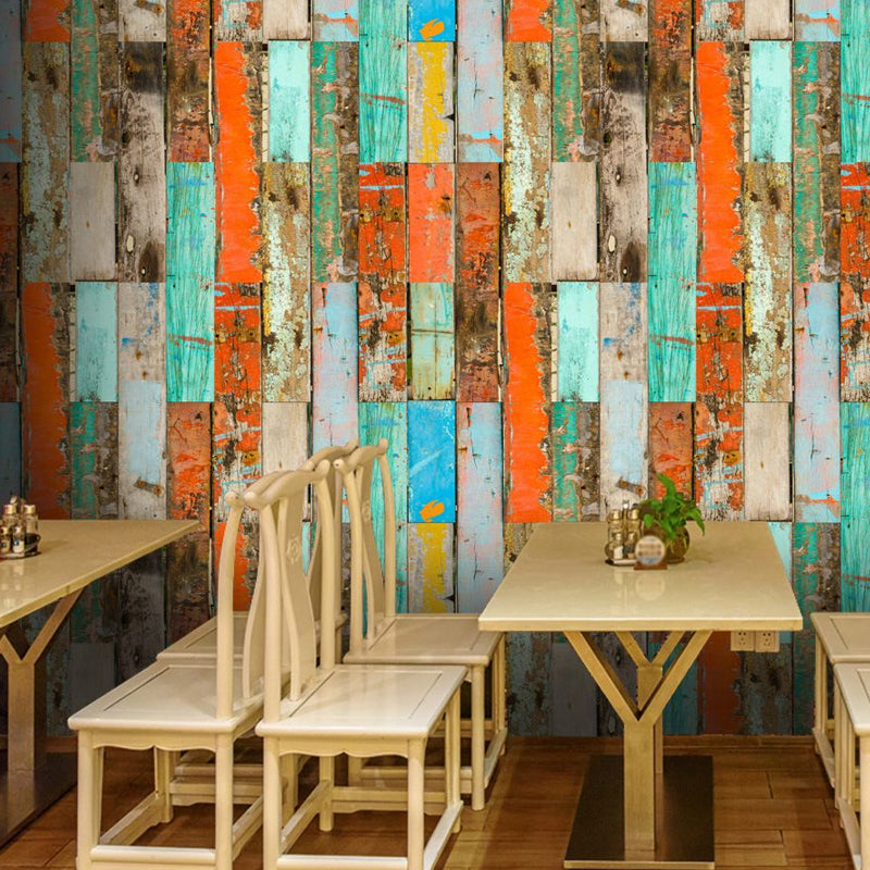 Reclaimed Painted Wood Wallpaper Panels Orange-Blue Rural Wall Covering for Home, Pick Up Sticks