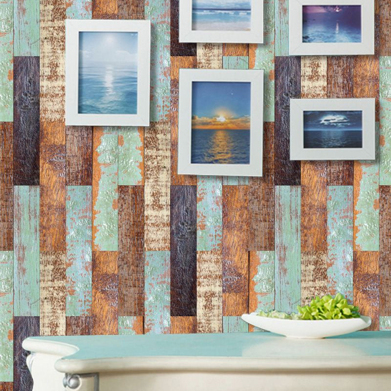 Distressed Shiplap Peel off Wallpaper Panel Orange-Blue Countryside Wall Art for Home