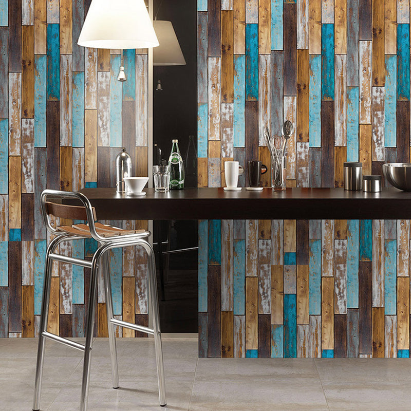 Distressed Wood Board Wallpaper Rustic Smooth Wall Art in Blue-Brown, Peel and Stick