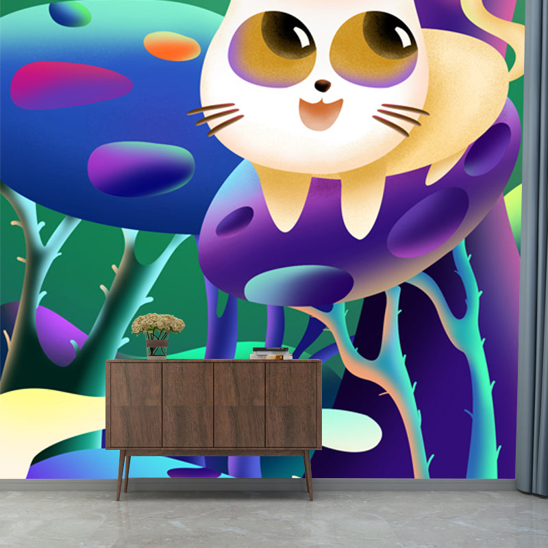 Kids Cat in Wilds Mural for Baby Room Custom Wall Art in Purple, Stain Resistant