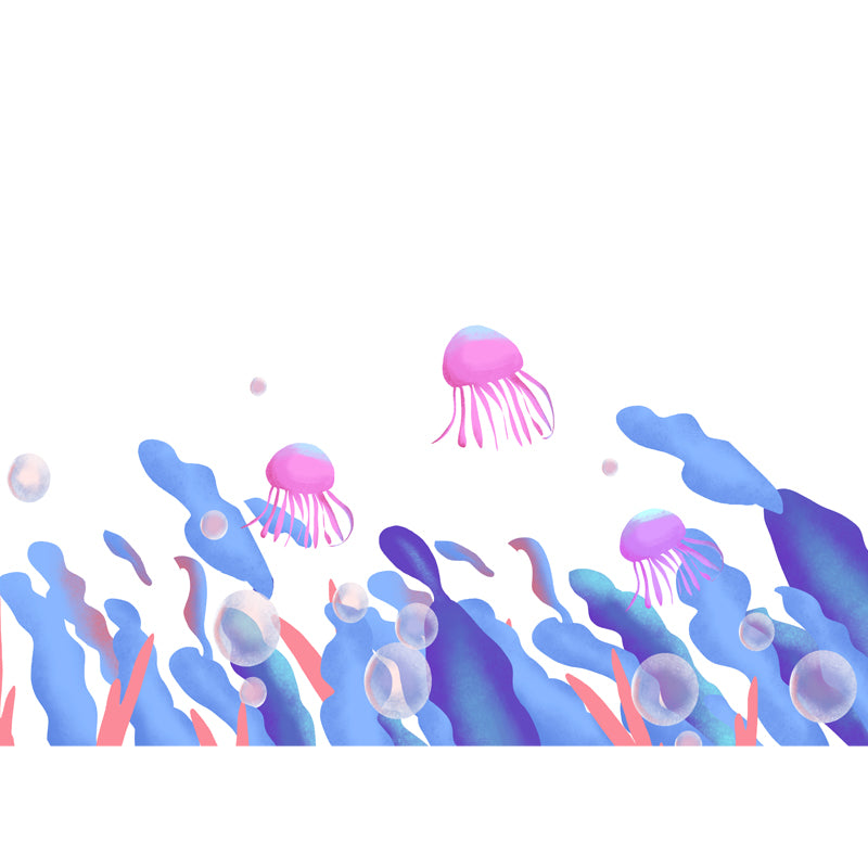Kids Seaweed and Jellyfish Mural for Bedroom Personalized Wall Decor in Blue-Purple on White