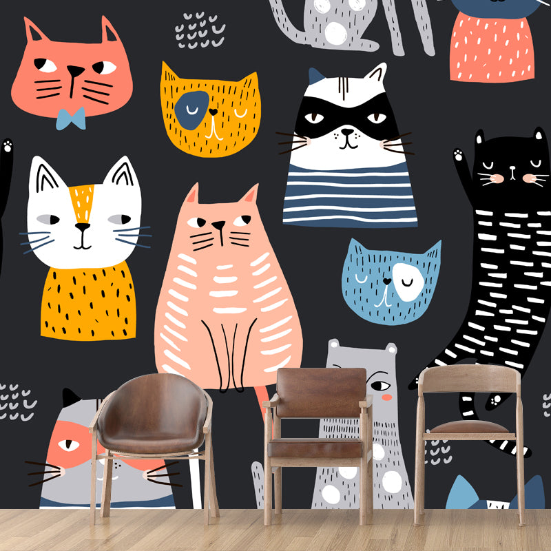 Childrens Art Cat Mural Wallpaper Multicolored Nursery Wall Art on Black, Made to Measure