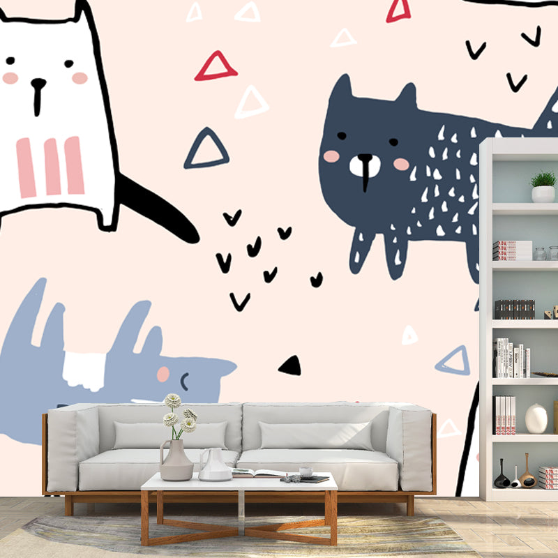 Nude Pink Cartoon Wall Mural Decal Full Size Cat Wall Covering for Childrens Bedroom