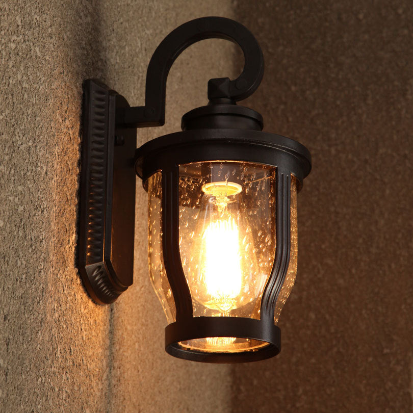 Gooseneck Outdoor Wall Light Fixture Industrial Bubble Glass 1 Light Black Sconce Lamp with Curved Arm