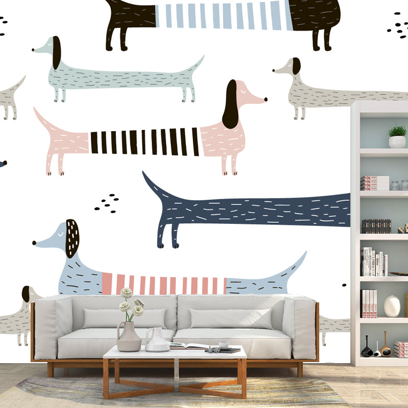 Pink-Blue Dog Mural Wallpaper Animal Pattern Kids Stain Resistant Wall Covering for Home