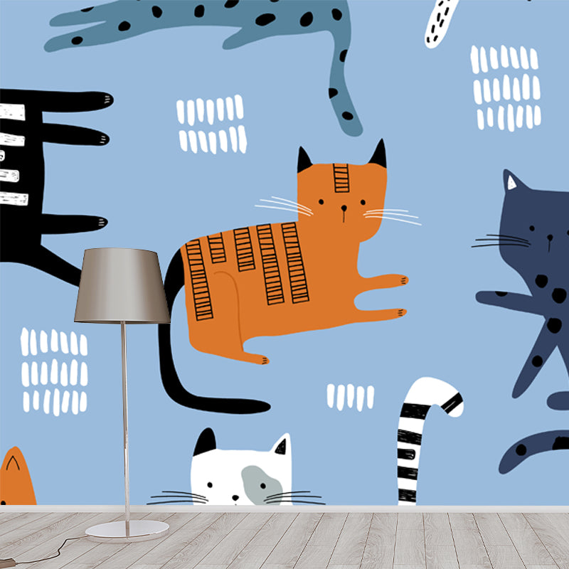 Large Cat Wall Covering Mural Blue Non-Woven Fabric Wall Art, Stain-Proof, Optional Size