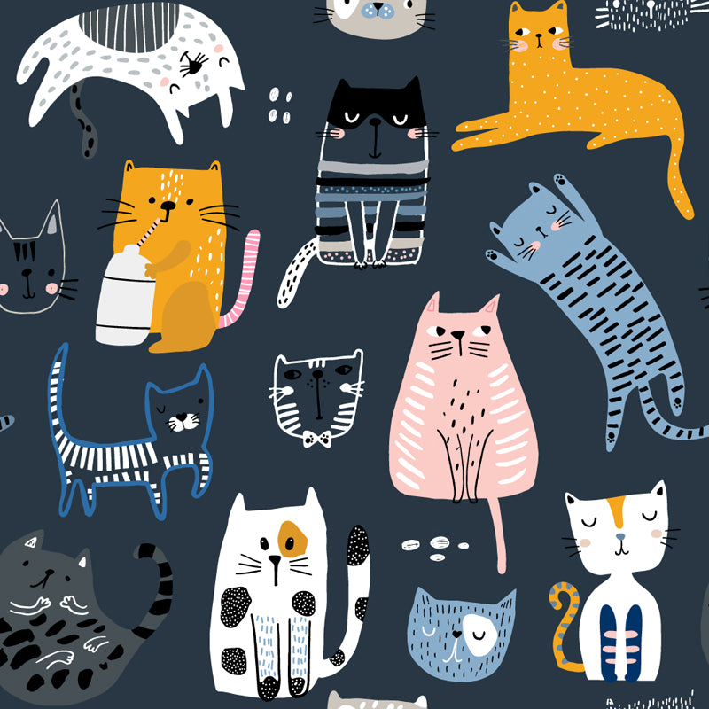 Kawaii Cats Wallpaper Mural for Child Room, Pink-Yellow-Blue, Custom Size Available