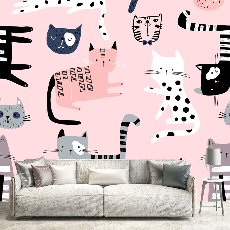 Childrens Art Pet Cat Mural Decal Pink Moisture Resistant Wall Covering for Baby Room