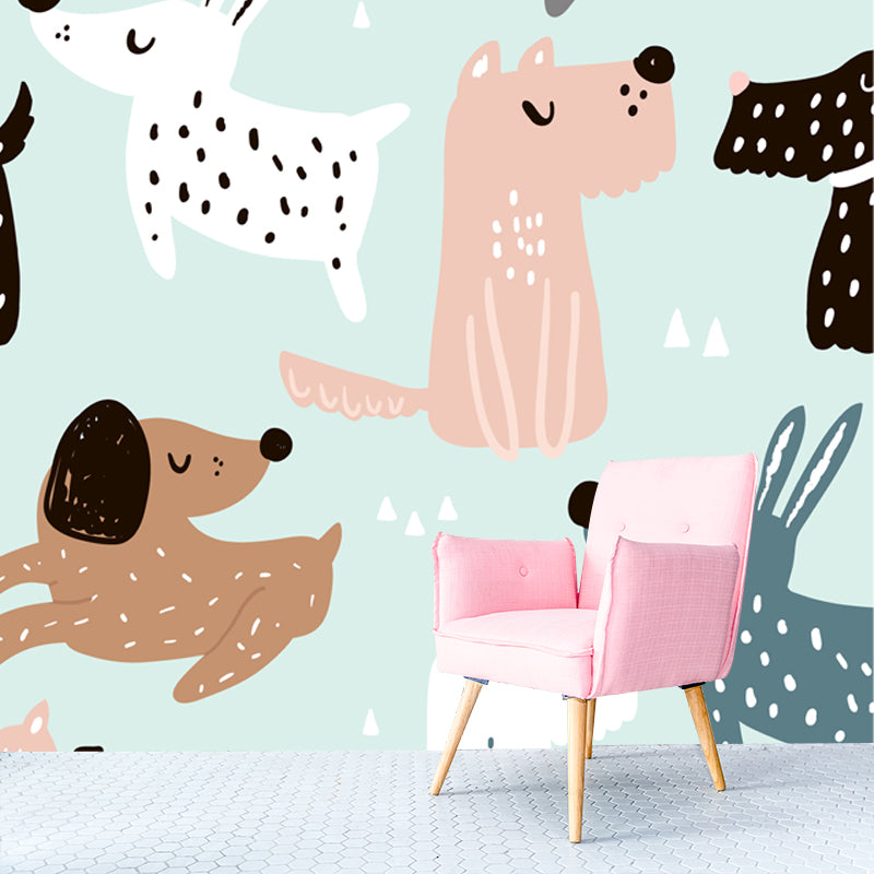 Illustration Puppy Mural Wallpaper for Childrens Bedroom, Light Green, Made to Measure