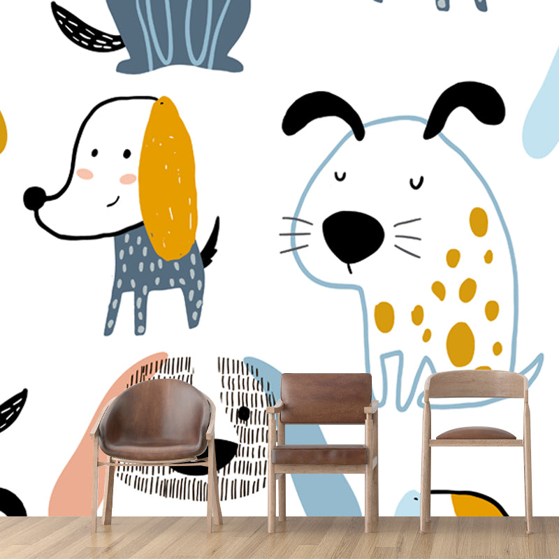 Blue-Orange Dog Wall Mural on White Waterproofing Cartoon Kids Bedroom Wall Decor