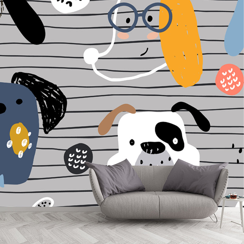 Whole Cartoon Wallpaper Mural Grey Dog Head on Stripe Background Wall Art, Size Optional