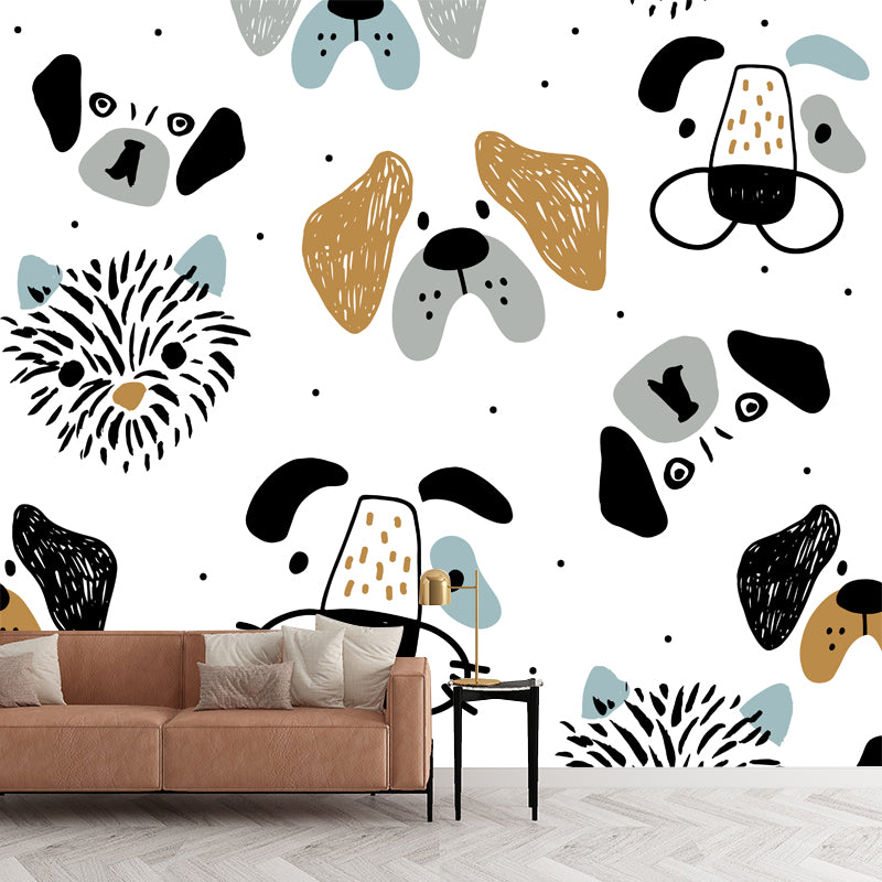 Big Dogs Mural Wallpaper Cartoon Cute Animal Print Wall Art in Black-Orange on White