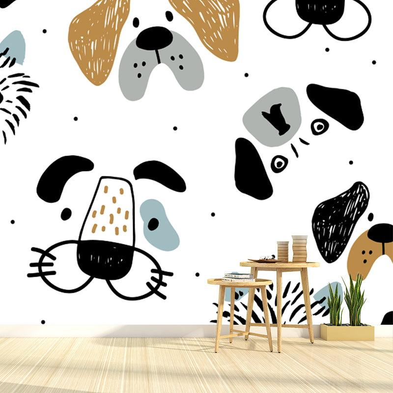 Big Dogs Mural Wallpaper Cartoon Cute Animal Print Wall Art in Black-Orange on White