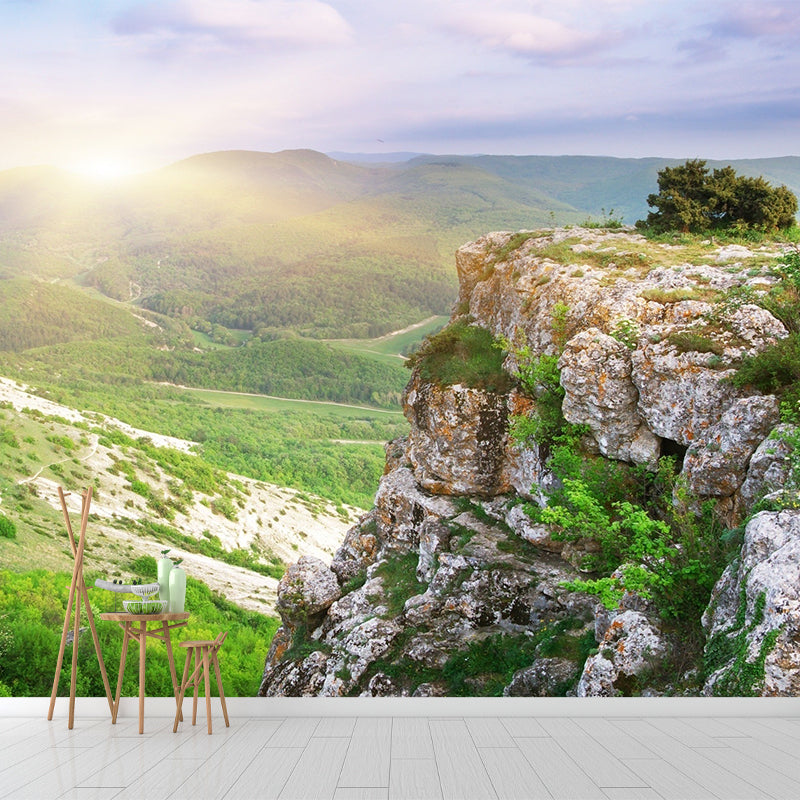 Large Mountain Peak Landscape Mural Blue-Green Non-Woven Wall Art, Washable, Custom Print