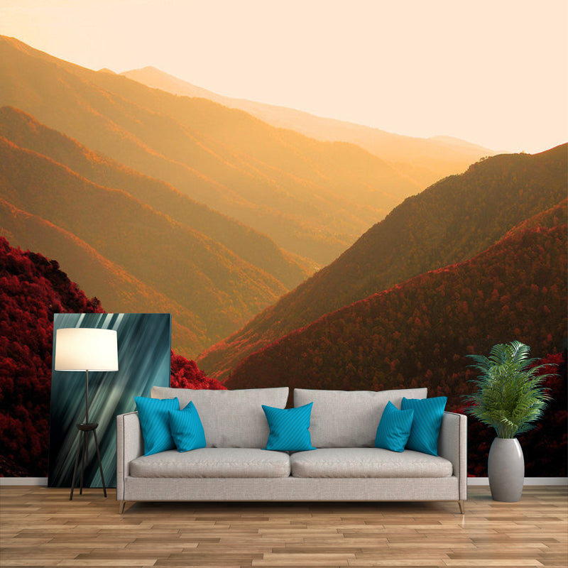 Rose Red Modern Mural Wallpaper Full Size Sunrise Mountain Scenery Wall Covering for Home