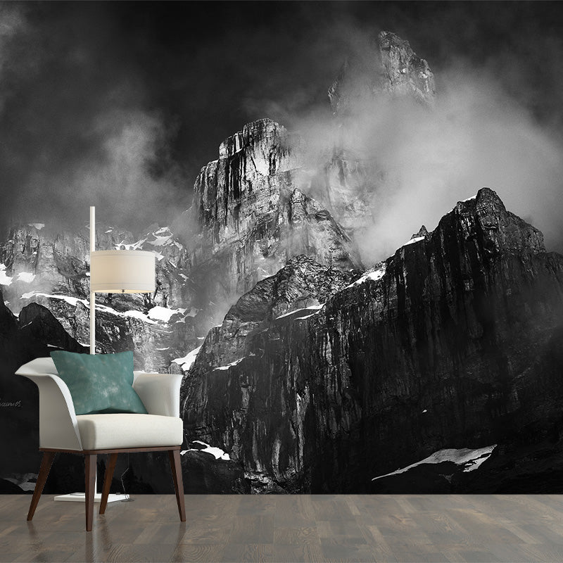 Misty Snow Mountain Wall Mural for Living Room Scenery Wall Art, Custom Size Available