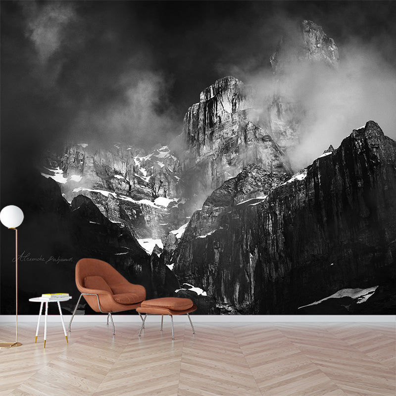 Misty Snow Mountain Wall Mural for Living Room Scenery Wall Art, Custom Size Available