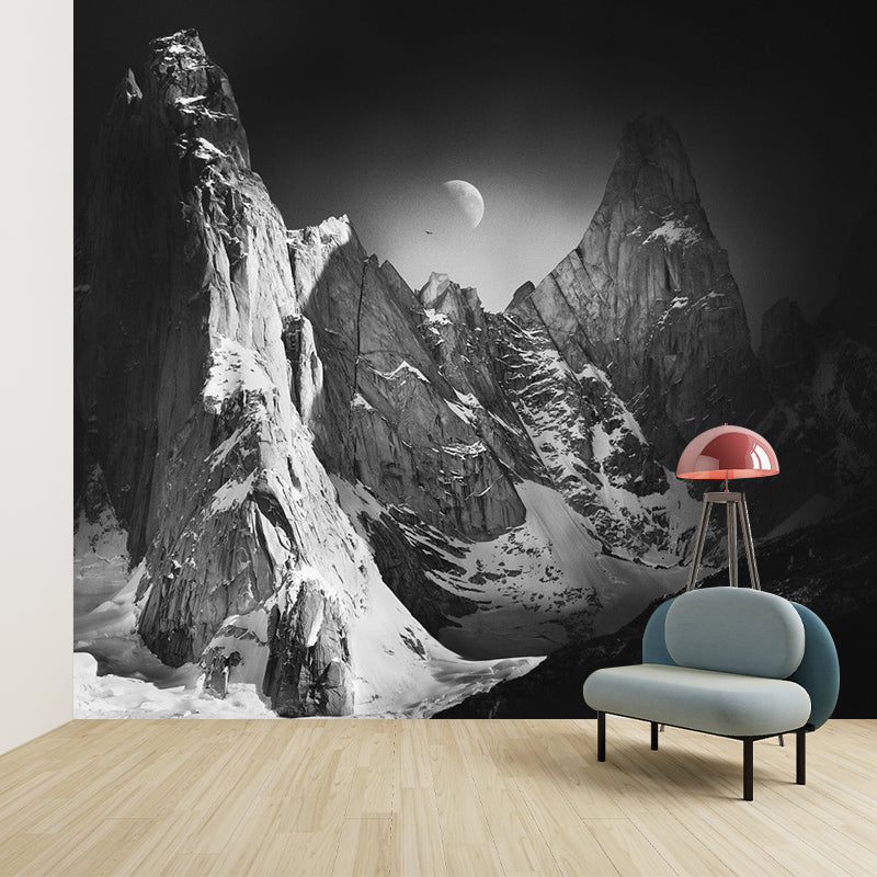Moon Above Snow Mountain Mural Black-Grey-White Contemporary Wall Art for Living Room