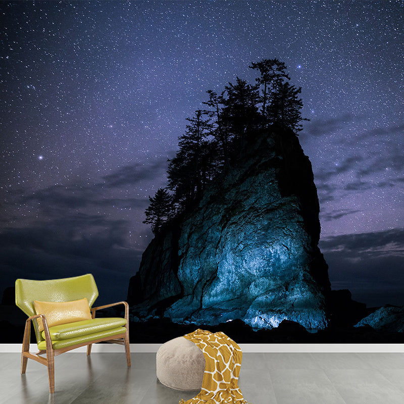 Big Starry Night Sky Mural Wallpaper Modern Lonely Mountain Wall Decor in Blue-Purple