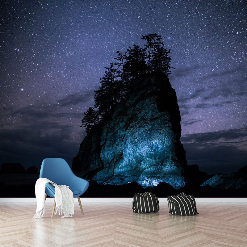 Big Starry Night Sky Mural Wallpaper Modern Lonely Mountain Wall Decor in Blue-Purple