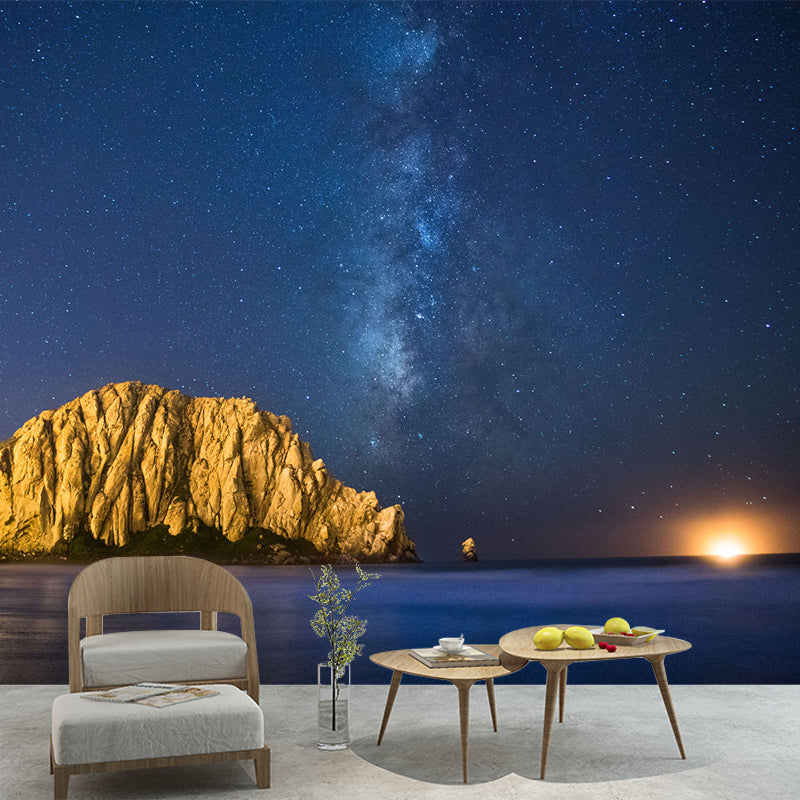 Full Size Landscape Wallpaper Mural for Home Lifeless-Mountain under Starry Sky Wall Decor in Blue-Brown, Waterproof