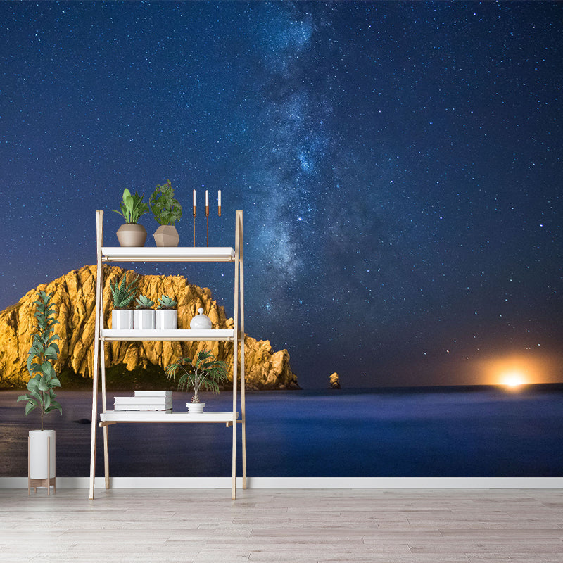 Full Size Landscape Wallpaper Mural for Home Lifeless-Mountain under Starry Sky Wall Decor in Blue-Brown, Waterproof