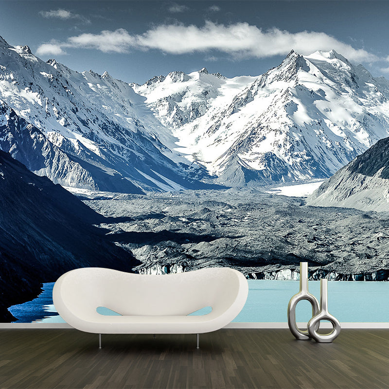 Modern Snow Mountain Scenery Mural Non-Woven Waterproof Grey-White Wall Art for Home