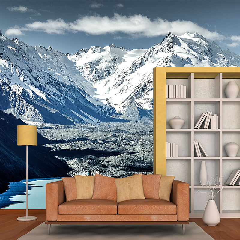 Modern Snow Mountain Scenery Mural Non-Woven Waterproof Grey-White Wall Art for Home