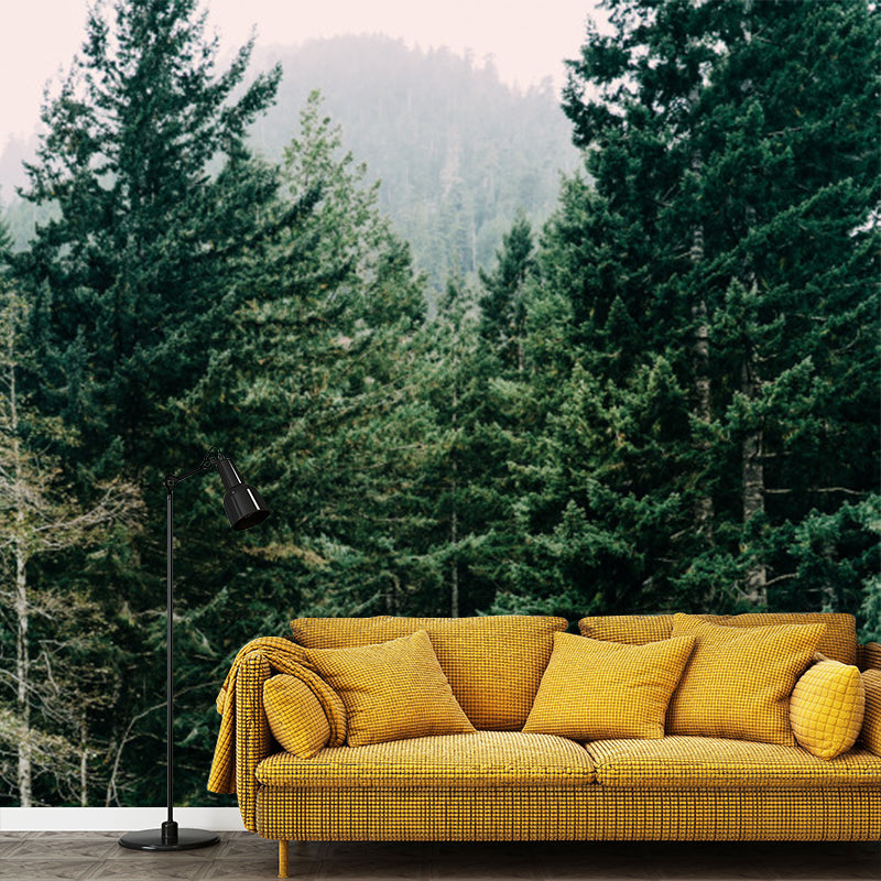 Big Pine Forest Scenery Mural Indoor Open Field in Front of Cabin Wall Art in Yellow-Green, Washable