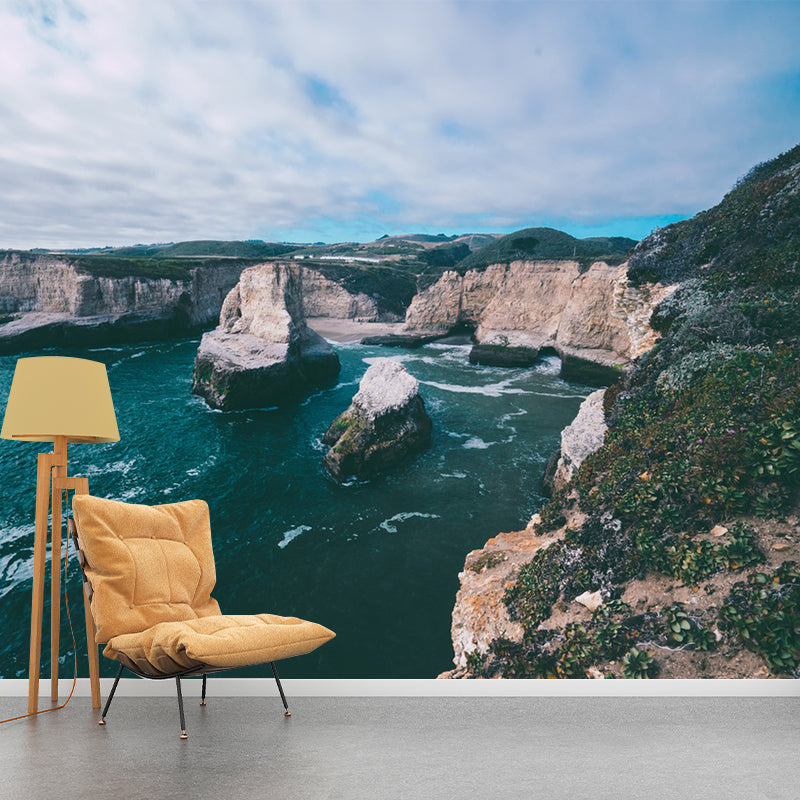 Mountain by the Riverside Mural Blue-Brown Modern Style Wall Covering for Living Room