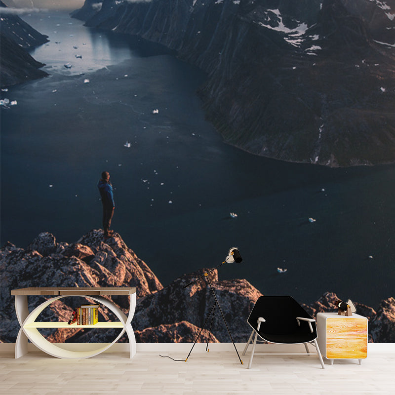 Huge Modern Mural in Black Man Stand on Peak by the Riverside with Snow Melting Wall Decor, Custom Made