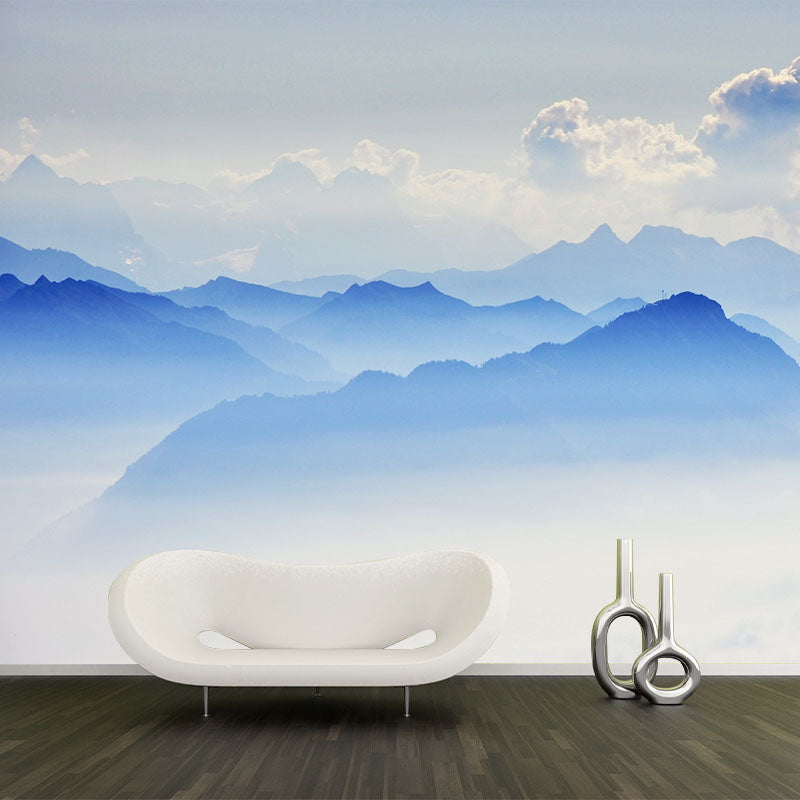 Blue Smoggy Mountain Landscape Mural Moisture Resistant Wall Art for Living Room
