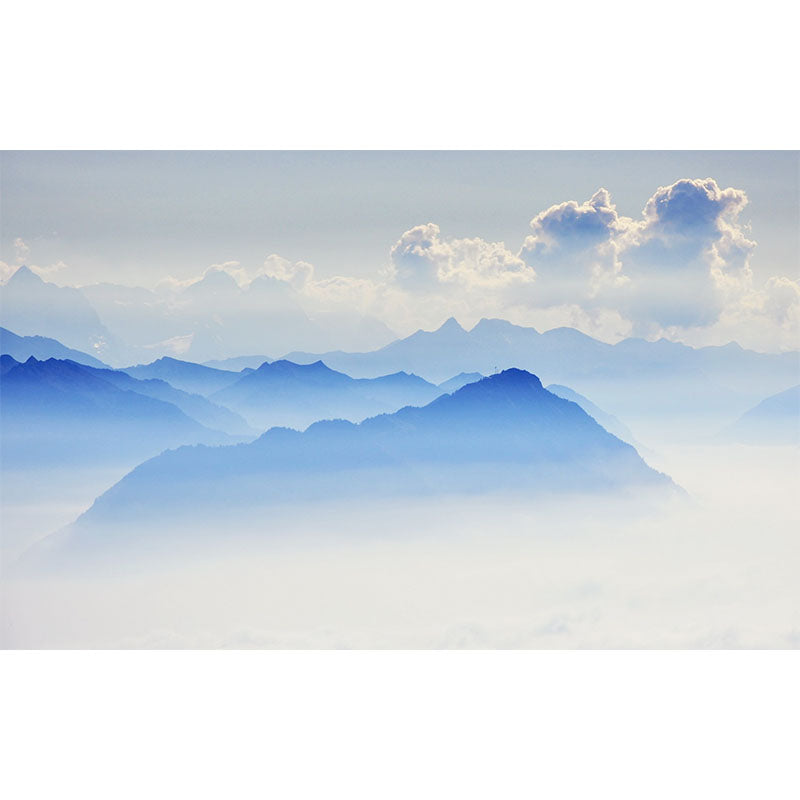 Blue Smoggy Mountain Landscape Mural Moisture Resistant Wall Art for Living Room