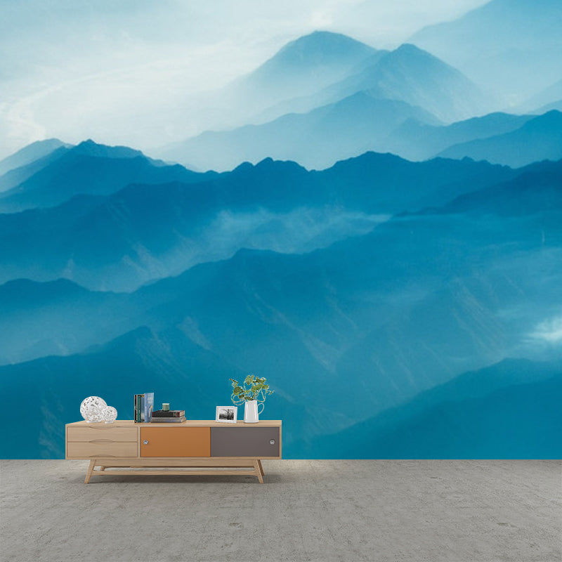 Modern Landscape Wallpaper Mural Blue Smoggy Mountain with Curved River Wall Art
