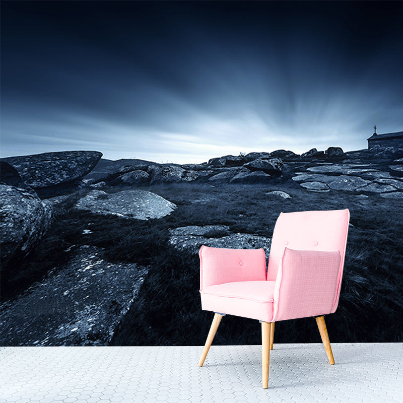 Black Nordic Mural Whole Stone House in Wilds When Sunrise Wall Art for Living Room