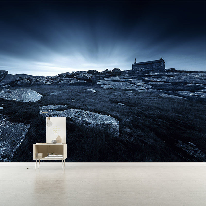 Black Nordic Mural Whole Stone House in Wilds When Sunrise Wall Art for Living Room