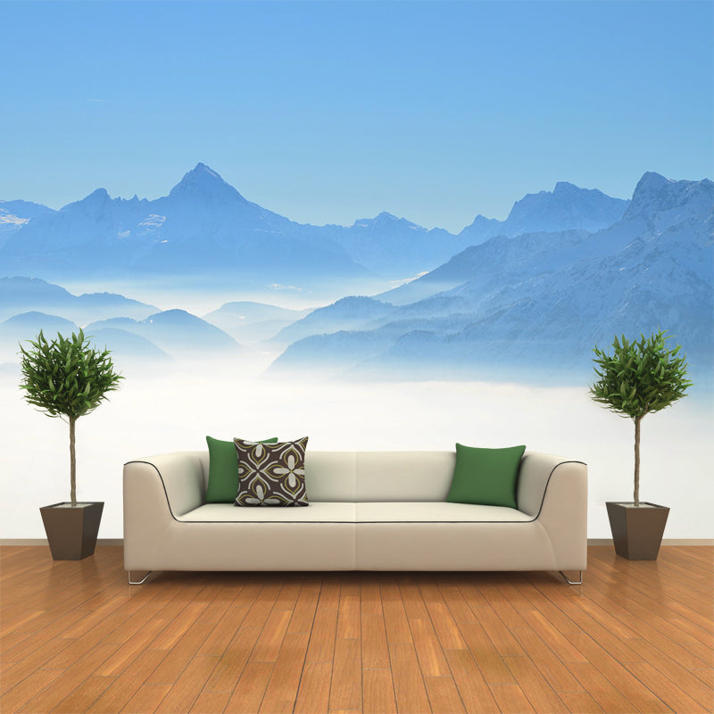 Large Hazy Mountains Mural Wallpaper Blue Non-Woven Cloth Wall Decor, Stain-Proof, Custom Print