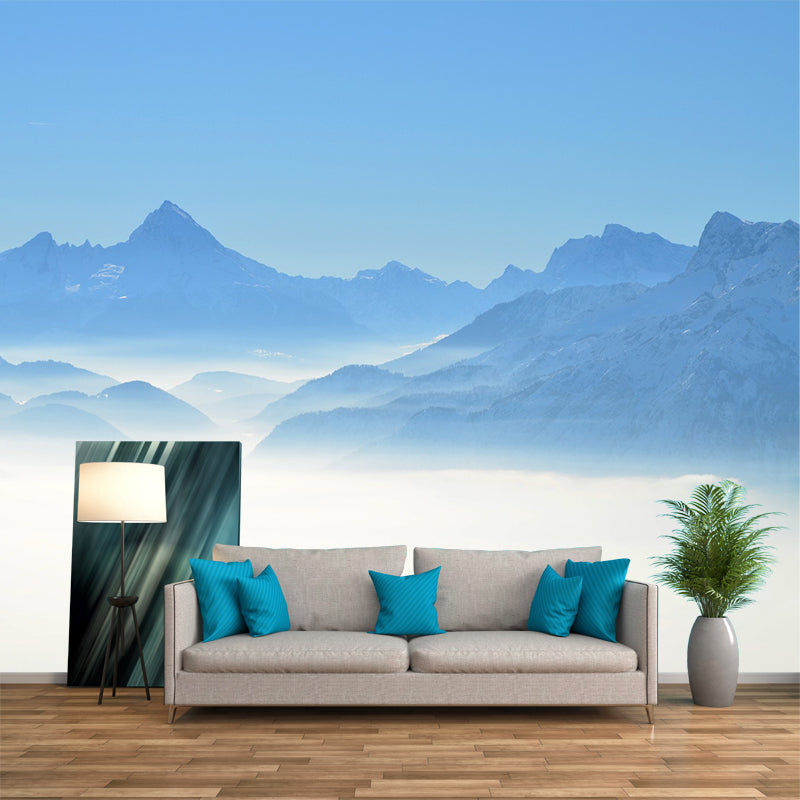 Large Hazy Mountains Mural Wallpaper Blue Non-Woven Cloth Wall Decor, Stain-Proof, Custom Print