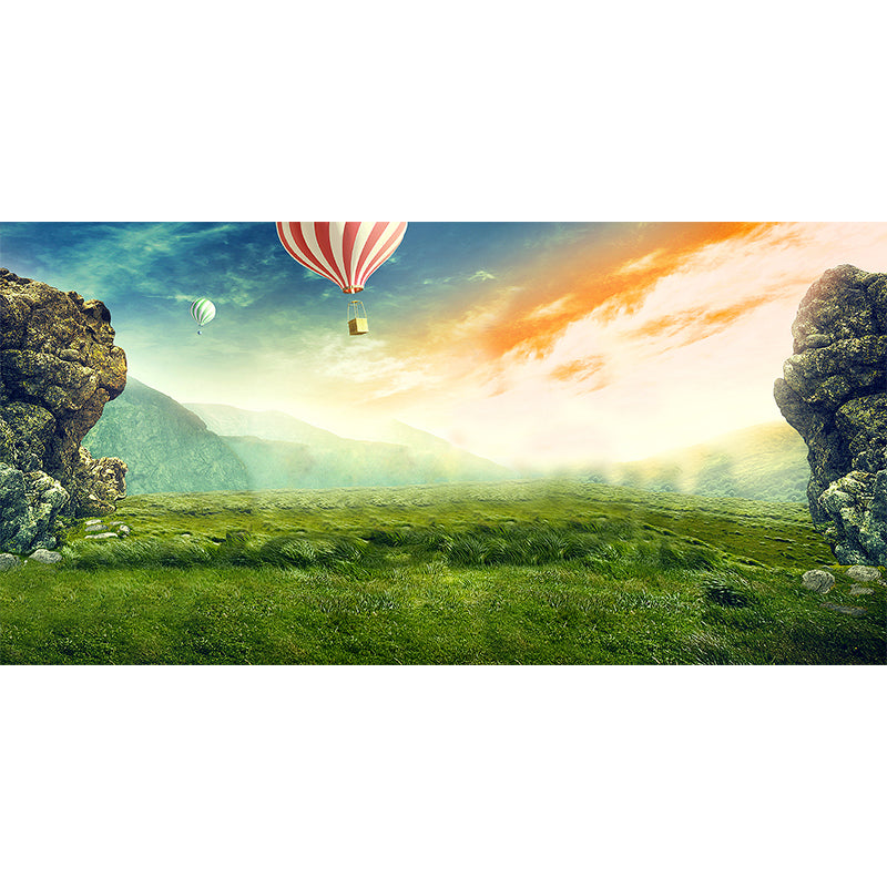 Magic Meadow with Balloon Mural for Kids Bedroom, Green, Customized Size Available