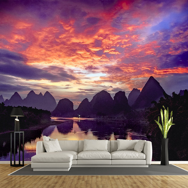 Whole Guilin Scenery Wall Mural Modern Picturesque Evening Glow Wall Art in Orange-Purple